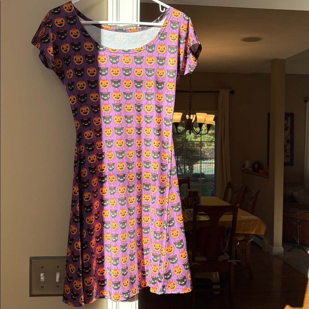 Halloween themed Purple Dress with Cat  and pumpkin Print
